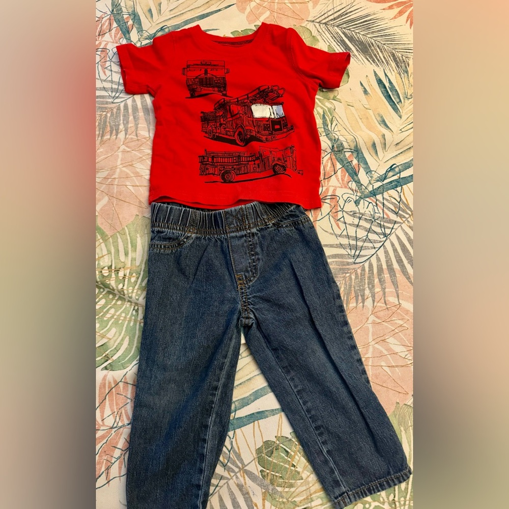 Baby boys fire truck tshirt and jeans outfit size 18 months
